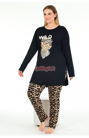 Siyah Renkli Leopar Desenli Uzun Kollu Lady 11384 Kadın Büyük Beden Pijama Takımı, Battal Pijama