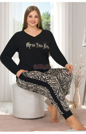 Siyah Renkli Zebra Desenli Uzun Kollu Lady 11397 Kadın Büyük Beden Anne Pijama Takımı, Battal Pijama