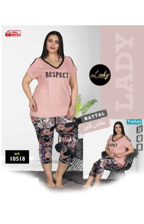 Lady 10518 Büyük Beden Somon Renk ve  Desenli Kapri Pijama Takımı