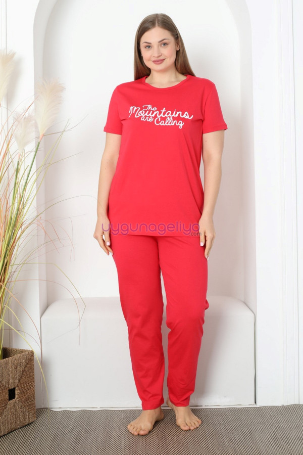 kırmızı renk ve önü yazılı p-3514 kadın teknur büyük beden anne pijama takımı, eli̇t0p3514, teknur pijama takımı