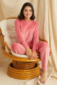 pembe renk kadife kumaş önü yazılı teknur 52027 uzun kol kadın pijama takımı, teknur-52027, teknur pijama takımı