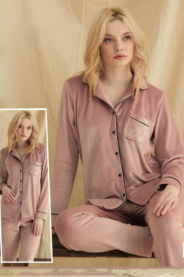 kadın gül kurusu renk kadife kumaş teknur 52104 uzun kol önden düğmeli pijama takımı, teknur-52104, teknur pijama takımı