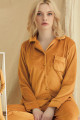 kadın sarı renk kadife kumaş teknur 52105 uzun kol önden düğmeli pijama takımı, teknur-52105, teknur pijama takımı