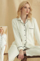 kadın beyaz renk kadife kumaş teknur 52107 uzun kol önden düğmeli pijama takımı, teknur-52107, teknur pijama takımı
