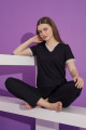 siyah renk v yaka teknur 2303 kısa kol modal kumaş kadın pijama takımı, tknr-2303, bayan pijama takımı