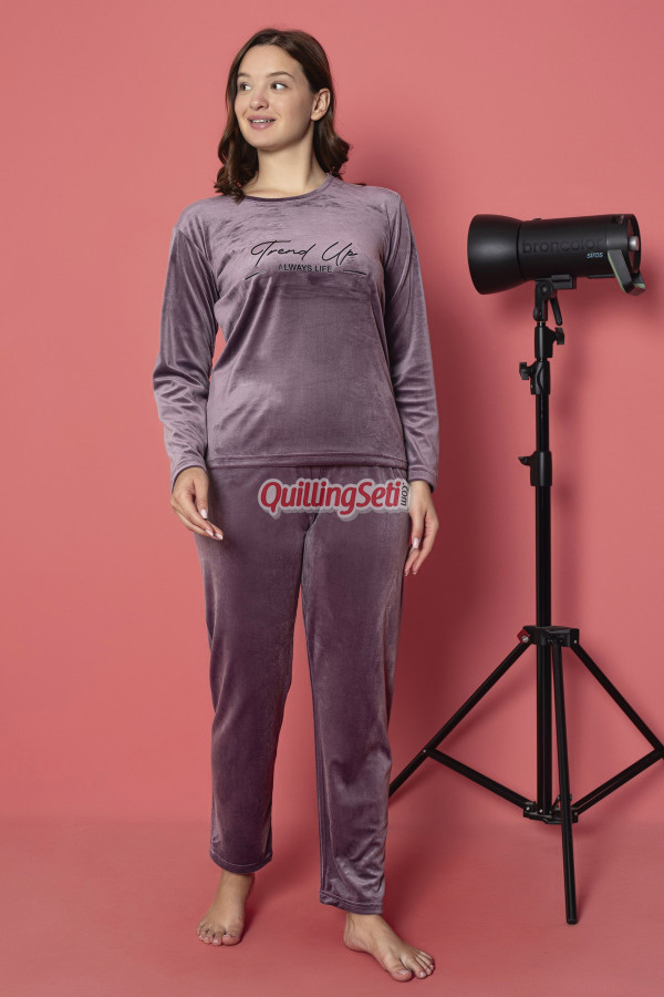 kadife kumaş teknur 52205 lila sade düz renkli bayan kadife pijama takımı, 8509990003623, kısa kollu pijama takımları, Teknur