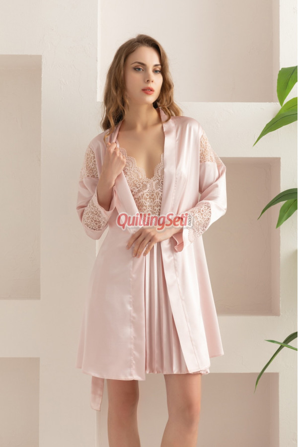 pudra renk dantel detaylı lady 15233 sabahlıklı saten gecelik takım, qs-lady-15233-s, lady pijama takımı, Lady